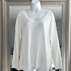 SIONI White V- Neck Knit Sweater Long Sleeve Size L.